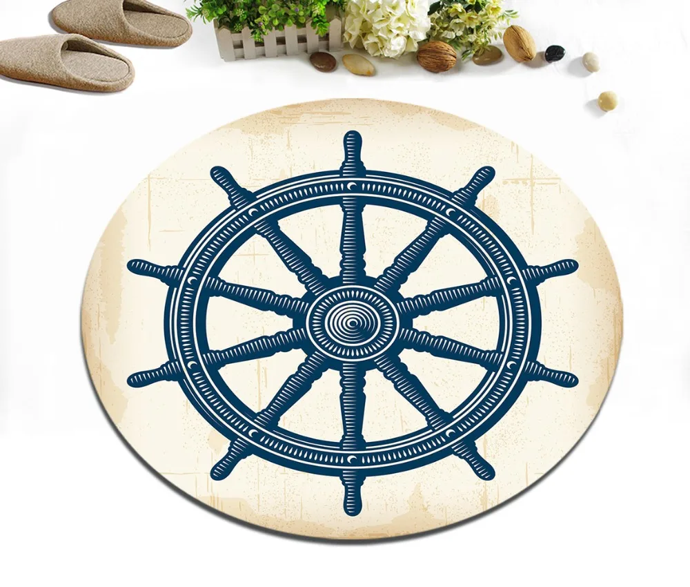 

Retro Rudder Sailing Marine Supplies Round Children's Room Floor Cushion Bedroom Area Rugs Bathroom Non-Slip Carpets Door Mat