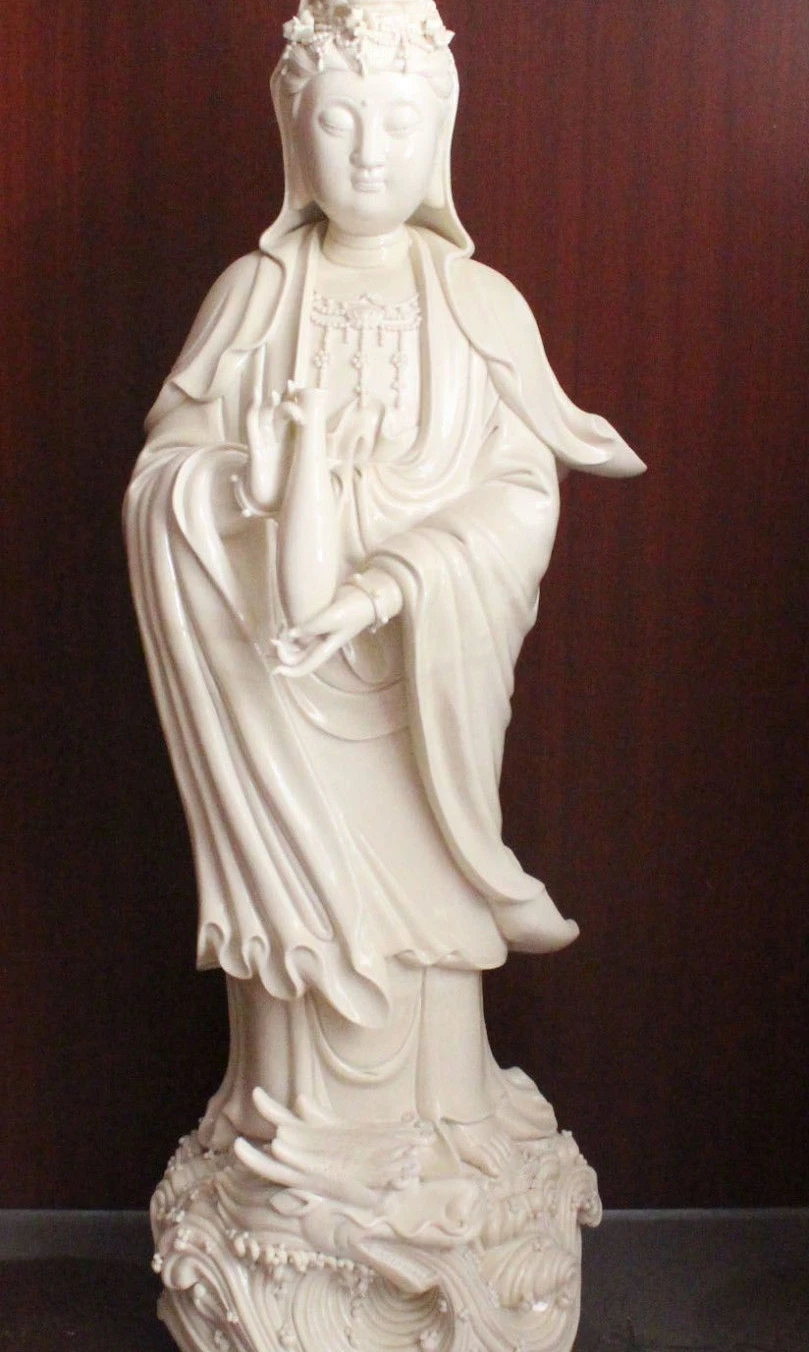 

31" Marked Chinese Dehua Porcelain stand Dragon Head Kwan-yin Bodhisattva Statue