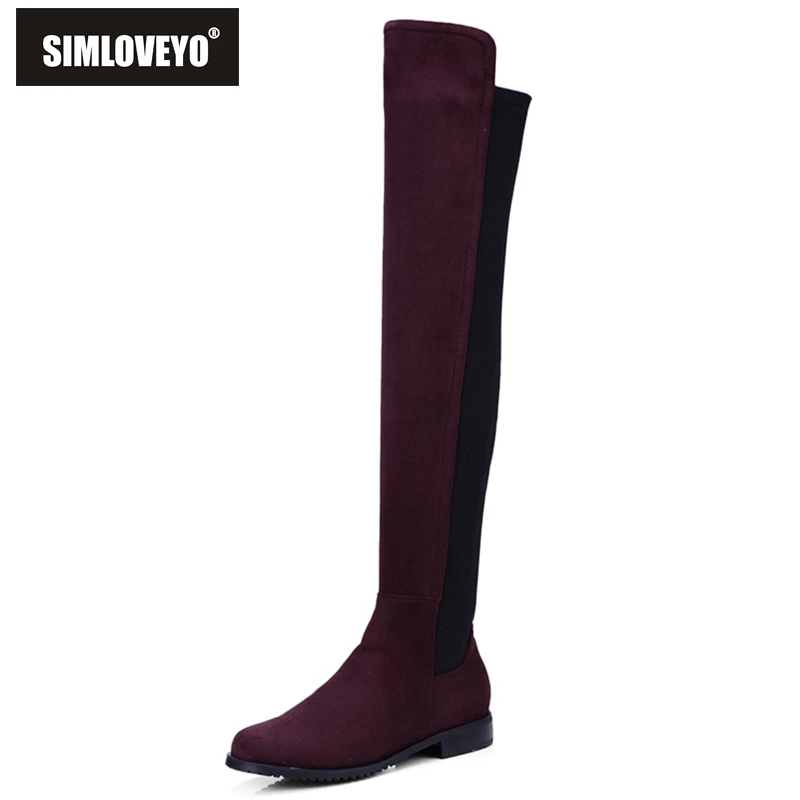 

SIMLOVEYO Fashion Woman Boots Slim Over-The-Knee Botines Mujer Flock+Lycra Shoes Female Flexible Footwear Low Heels Bota B100