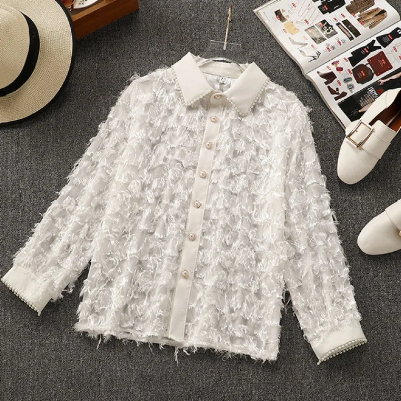 

JSXDHK 2019 Spring Loose Blouse Fashion Women White Feather Beading Pearl Long Shirt Blusas Runway Tassel Long Sleeve Feminina