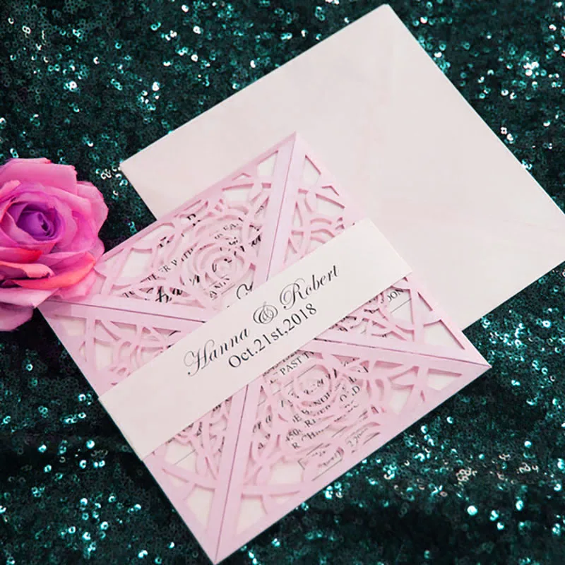  10 Kit Custom made Flower Pink Invitations For Wedding Cards Design Print Blank Laser Cut Invitatio - 32869266732