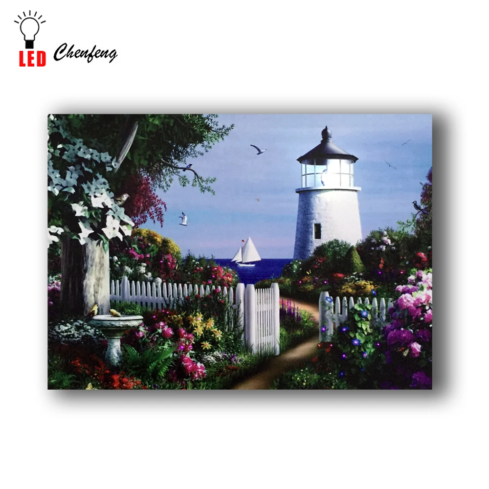 Led Canvas wall picture Blue Mountain Lighthouse printing lighted up
