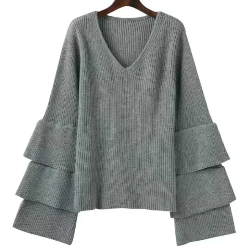 

V-neck Knitting ruffles winter white sweater women Loose flare sleeve pullover female 2017 Casual party knit pull femme jumper