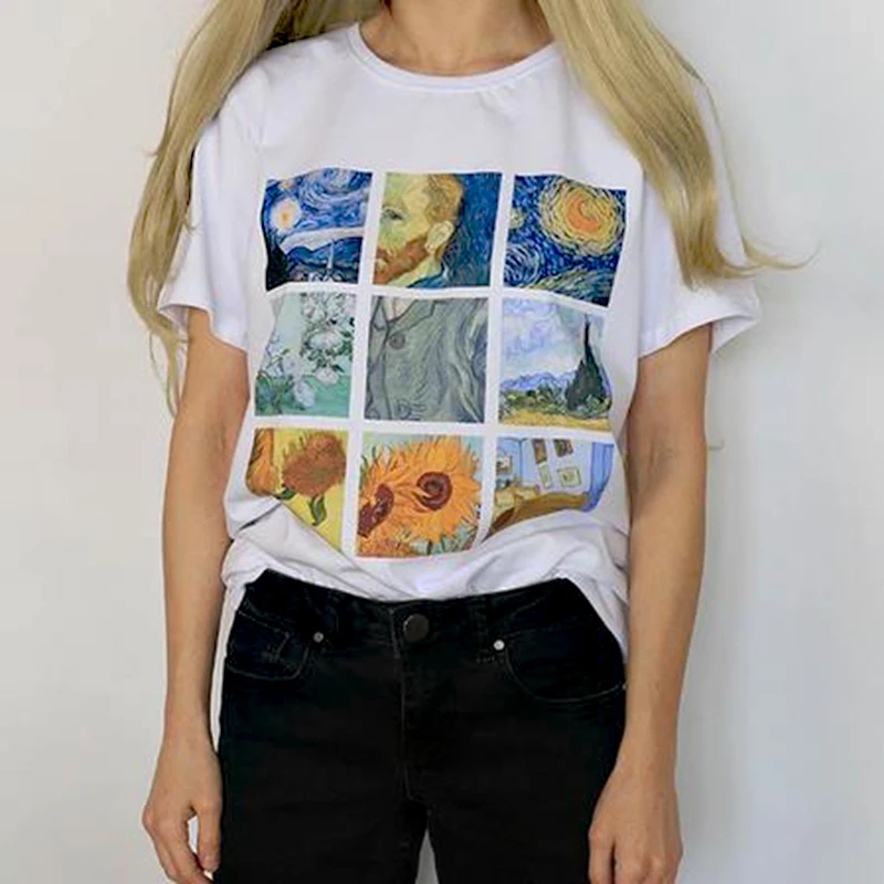 Новинка, рисунок Ван Гога, картина маслом, решетка, принт, милый, размера плюс, топы, Harajuku, повседневная женская летняя футболка с коротким рукавом, bf Harajuku