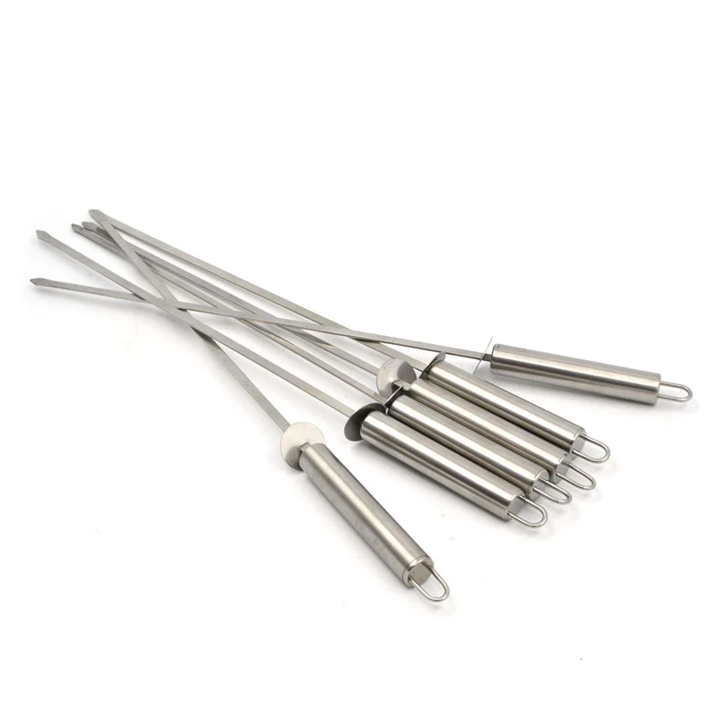 Stainless Steel BBQ Skewers with Food Remover Ring Portable Wide Barbecue Skewers Shish Kabob Sticks BBQ Accessories 43cm16.9'' (6)