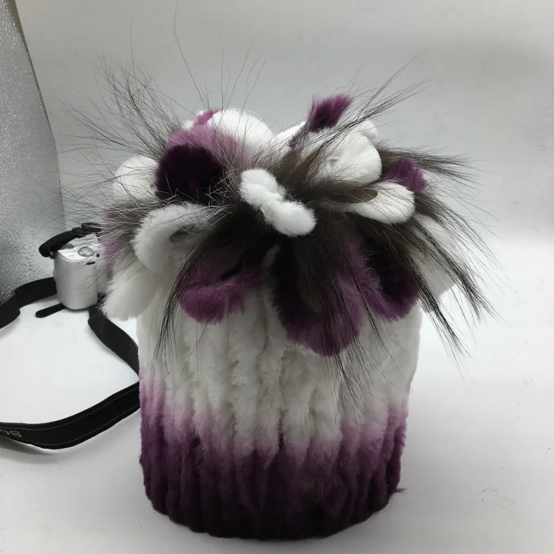 Модная женская меховая шапка, Зимний натуральный настоящий мех кролика, шапка высокого качества, женские теплые шапки, натуральный мех - Цвет: Violet white