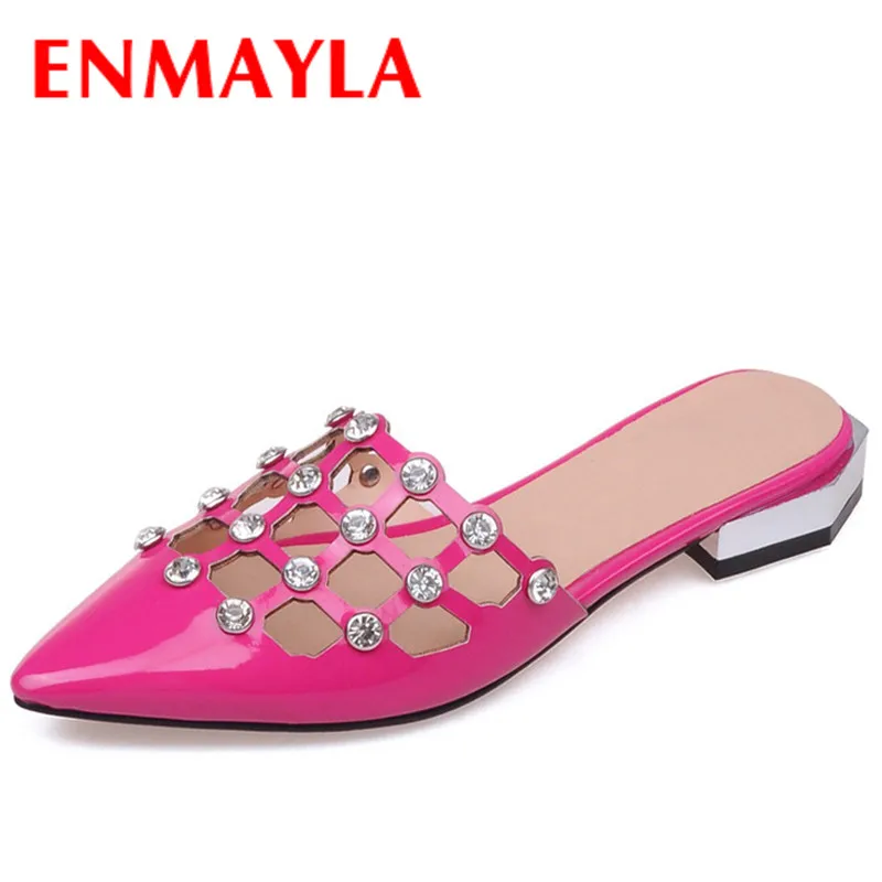 

Airfour Summer Women New Style Slides Square Heel Pointed toe Patent Leather Slides Rhinestone Fretwork Fashion Sexy Slides