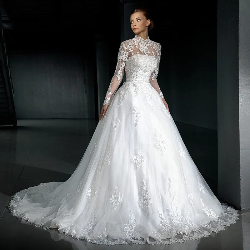2016 Full Sleeve Robe De Mariage Elegant A-Line Wedding Dress High Collar Conservative Bridal Gown Vestido Noiva | Свадьбы и