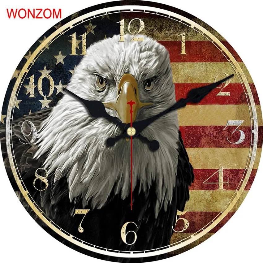 Large Wall Clock Patriotic American Eagle Wall Clock Independence Day Special Wooden Round