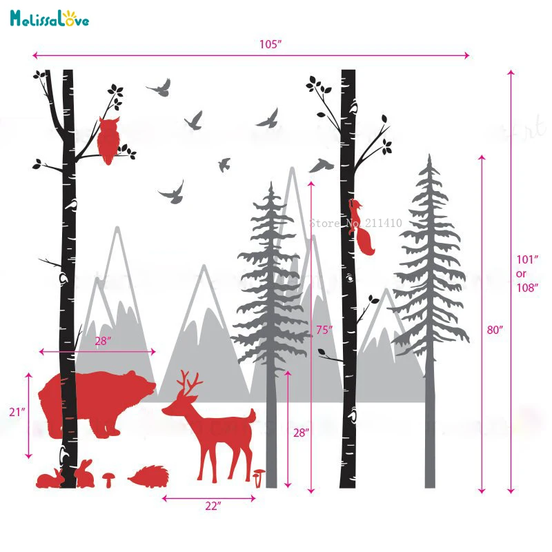 257 см высокий лесной наклейка с видом гор домашний декор для детей Детская комната наклейки с животными на стену березы на заказ детский медведь искусство MB055