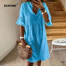 ELSVIOS женское повседневное одноцветное свободное мини-платье с расклешенными рукавами, пляжные платья для девушек, летнее сексуальное открытое Открытое платье с v-образным вырезом Vestidos