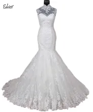 Edaier Custom Made Luxurious Lace Tulle Beaded Wedding Dresses High Neck Top Quality Mermaid 2017 Bridal Gowns With Buttons