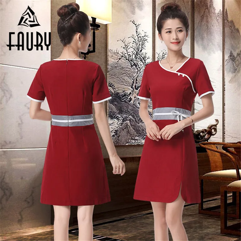  Women V Neck Short Sleeve Oriental Style Thai Massage Spa Sauna Shop Beauty Salon Beautician Slim W