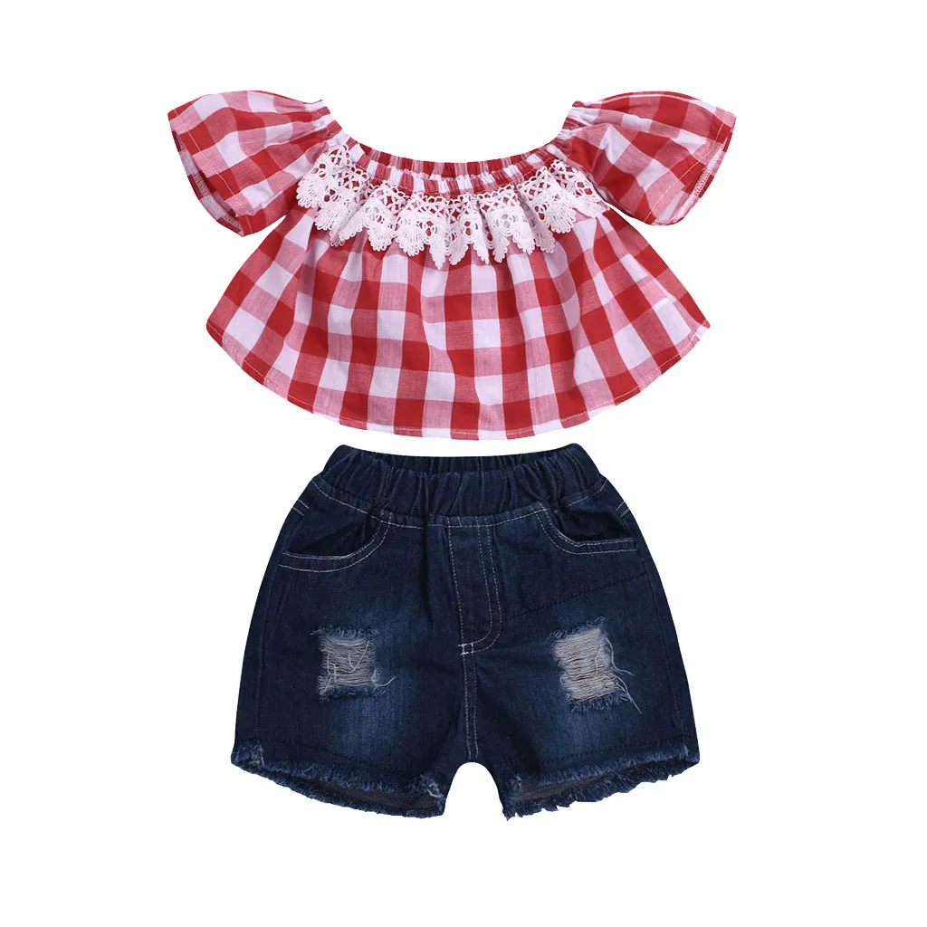 

Toddler Baby Girls Clothes Set Off Shoulder Plaid Lace Tops+Hole Denim Shorts Outfitsbaby Kids girls Clothes Set necessities