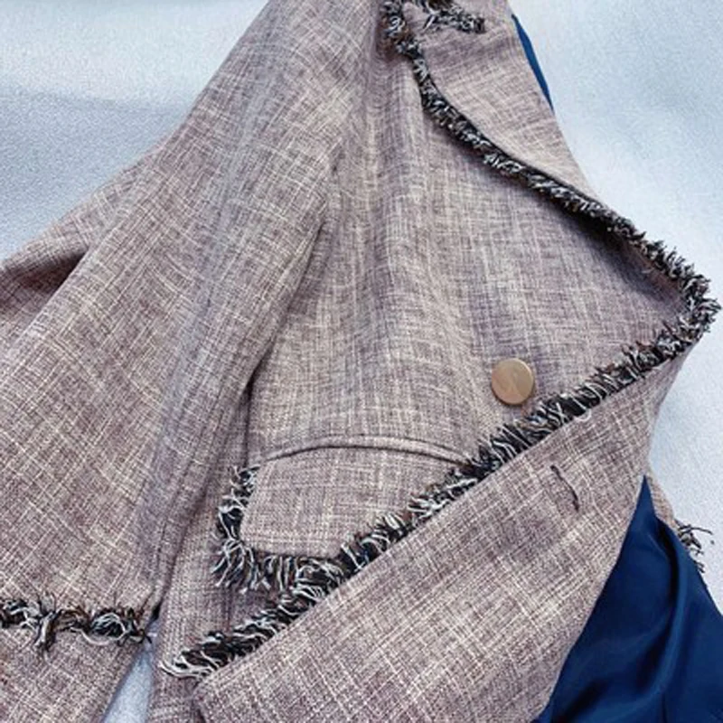 2019 Spring Tweed Plaid Women's Jacket Blazer Vintage Double Breasted Tassel Long Sleeve Office Blazers Jackets Female Outwear