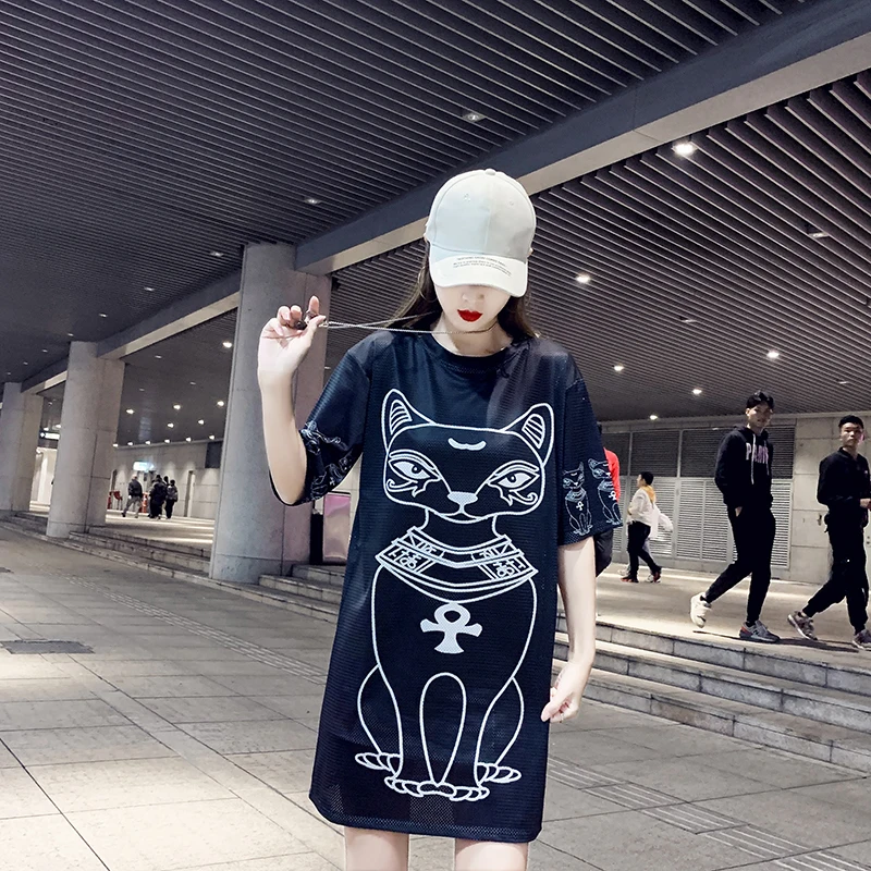 Женская длинная футболка с рисунком кота, короткий рукав, круглый вырез, летние тонкие Топы оверсайз 2019, корейская мода, большие размеры