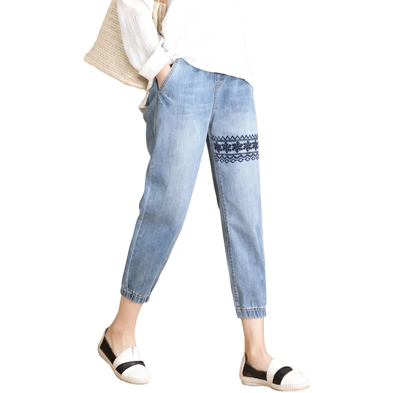 Harajuku Цветочные вышитые джинсы брюки женские эластичные джинсы до талии джинсовые шаровары брюки женские летние Pantalon Femme низ брюки