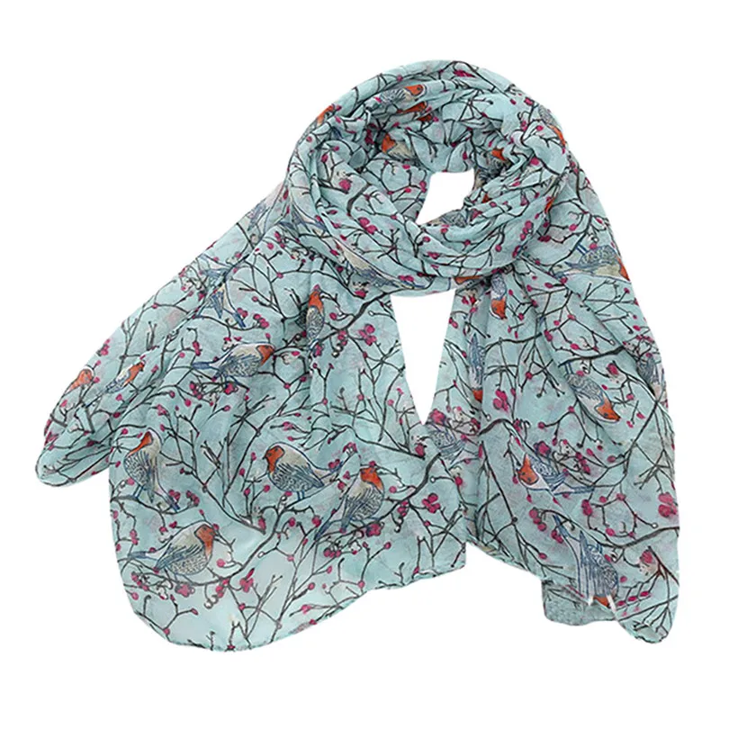 Christmas Winter Women Scarves Ladies Long Cute Winter Christmas Robin Bird Patten Print Scarf Wrap#3E18