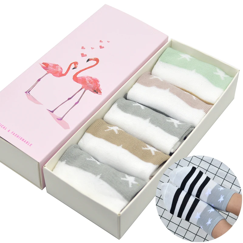 

5 Pair/set Star Striped Cotton Women Short Casual Socks Light Color Women Summer Short Ankle Socks with Gift Box
