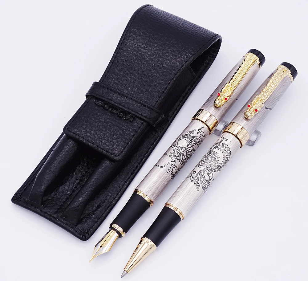 

Jinhao Gray Descendants of The Dragon Fountain Pen & Roller Pen with Real Leather Pencil Case / Bag Washed Cowhide Pen Case Set