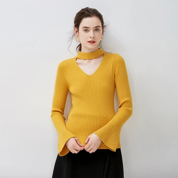 

Autumn Winter Long Flare Sleeve Slim Women Pullover Sweater Casual Solid V neck Knit Female Sexy Jumper Sweaters Pull Femme