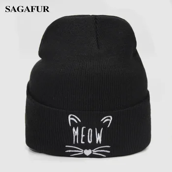 

Warm Knitted Hat Female Quality Letter Embroidery Cute Kitten Hat Women's Winter Fashion Casual Skullies Beanies Men Cap For Boy