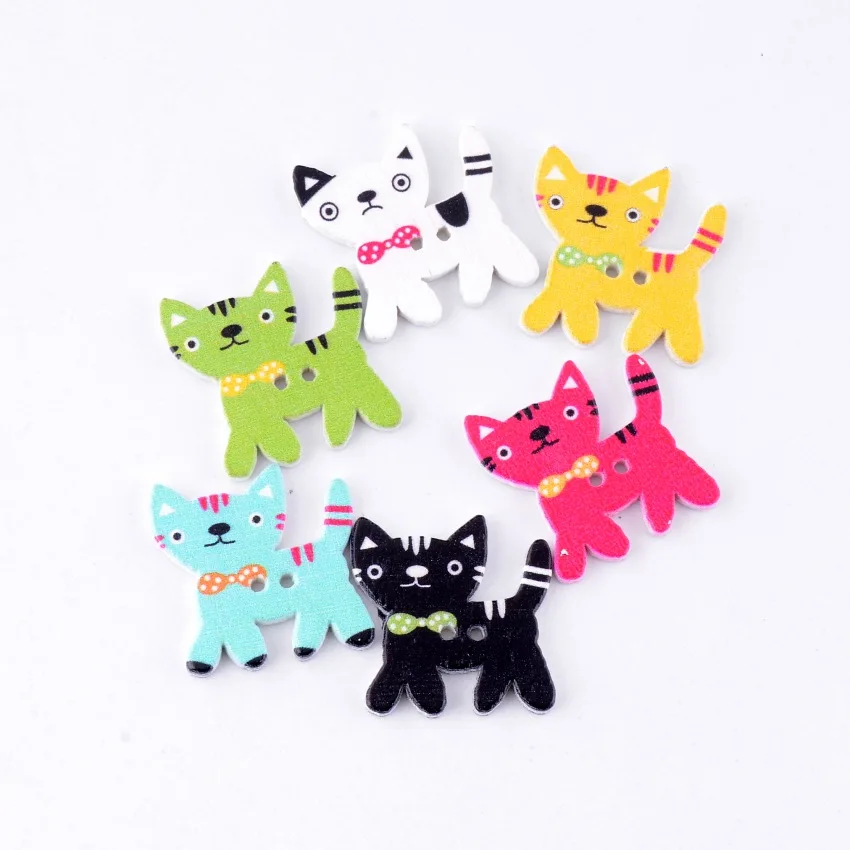 

Free Shipping Retail 10Pcs Random Mixed 2 Holes Pattern Cartoons Cat Animals Wood Sewing Buttons Scrapbooking 24x24mm F0155