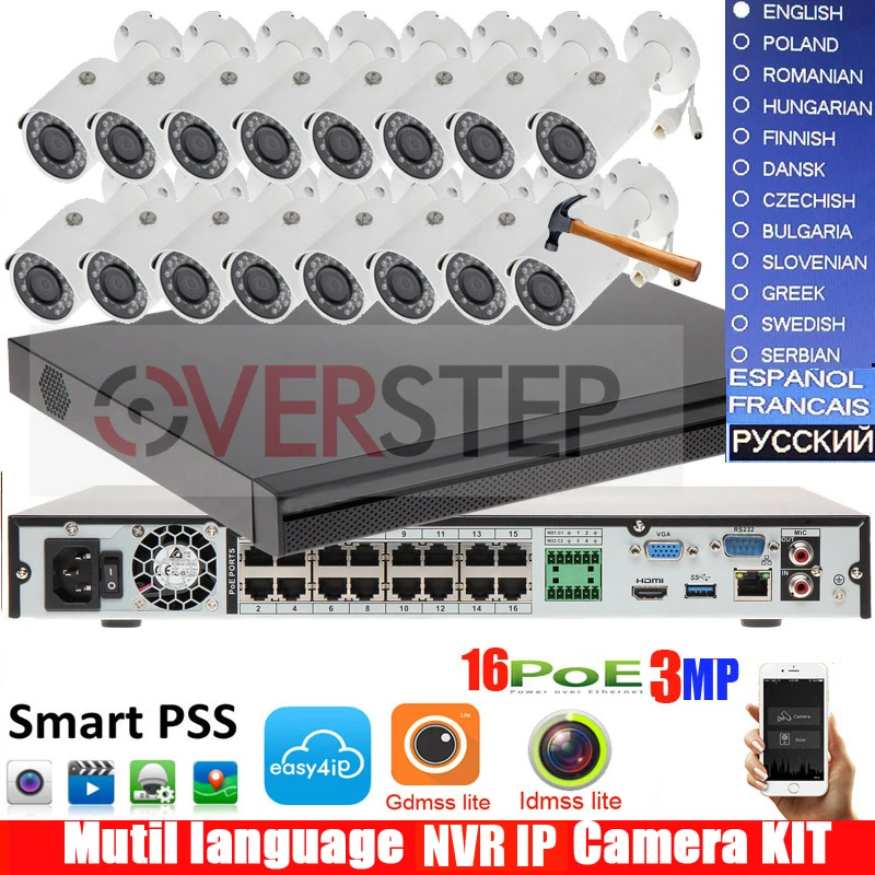 

mutil languageDHI-NVR4216-16P-4KS2 16CH 3MP H.264 IPC-HFW1320S 16pcs bullet POE IP security camera Waterproof camera kit