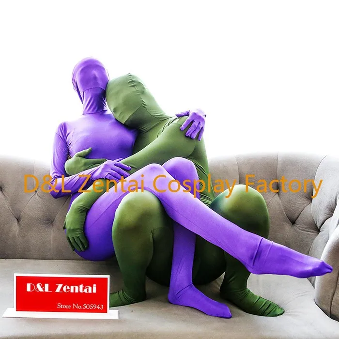 Free Shipping DHL Adult Sex Couples Costume Purple And Army Green Lycra Spandex Zentai Suits Two Pieces RYN6339 (2)