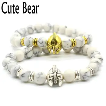 

Cute Bear Brand Natural White Howlite Beads Bracelet Men Metal Roman Knight Spartan Warrior Gladiator Helmet Bracelets Wholesale
