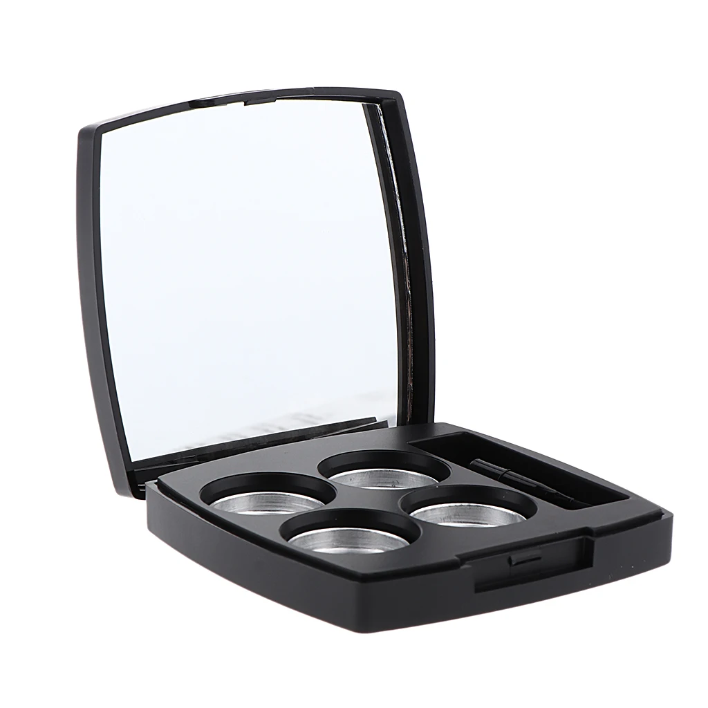 Black Empty Makeup Eyeshadow Pressed Powder Container Case 4 Round Aluminum Pans Palette with Mirror and Brush