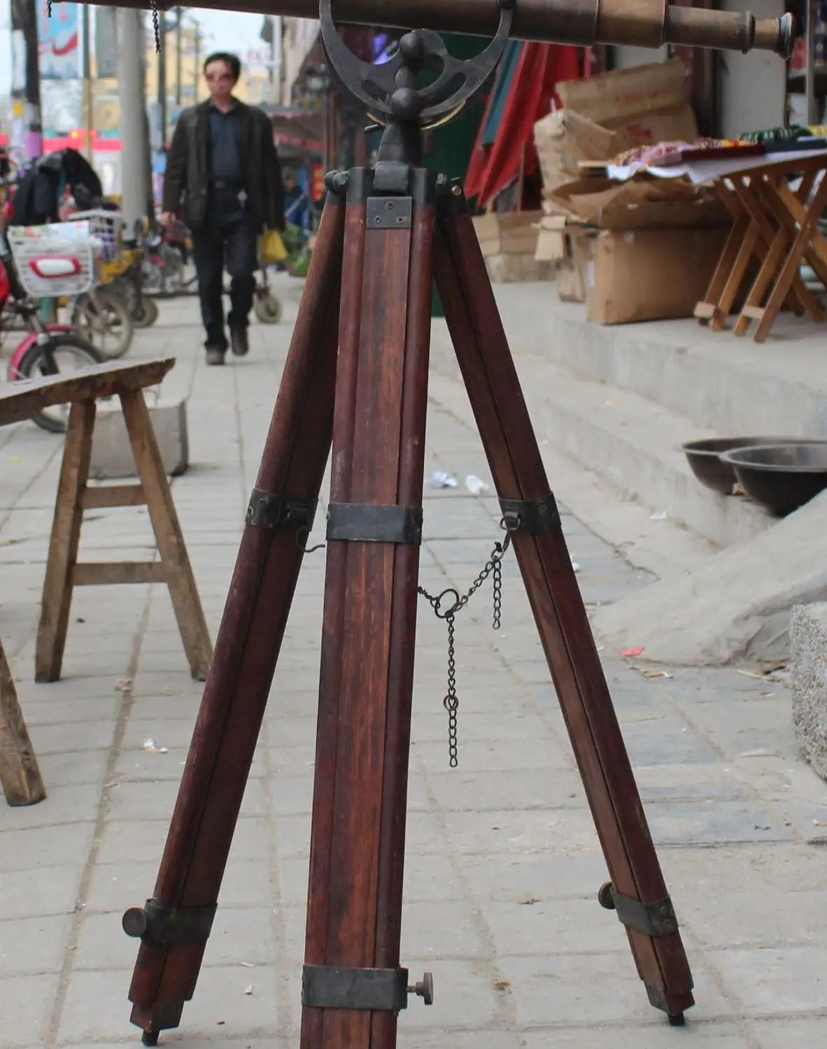 

110cm Chinese Bronze 3 Foot Trestle Astronomical Single-tube Telescope Statue