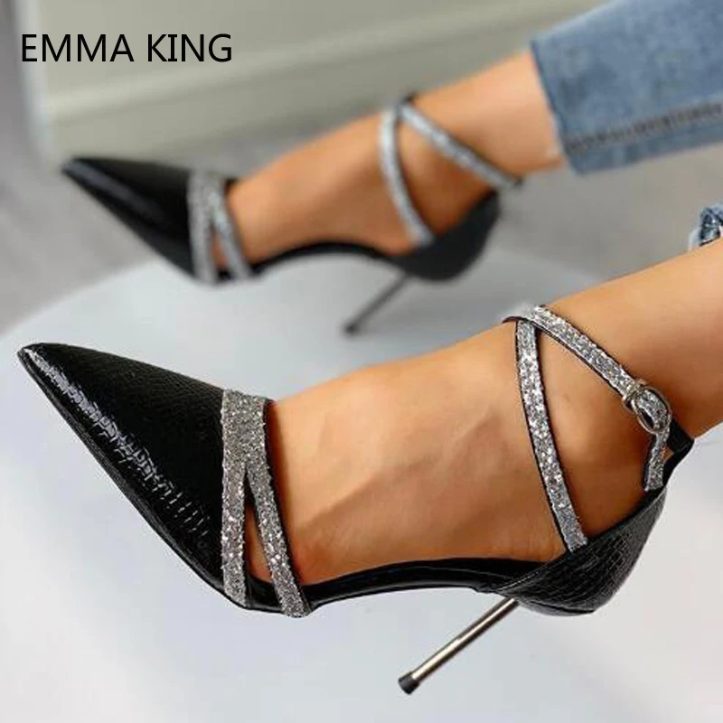 

Fashion Gem-Studded Crisscross Sandals Female Sexy Metal Thin Heels Pumps Women Pointy Crystal Leather Shoes For Party Wedding