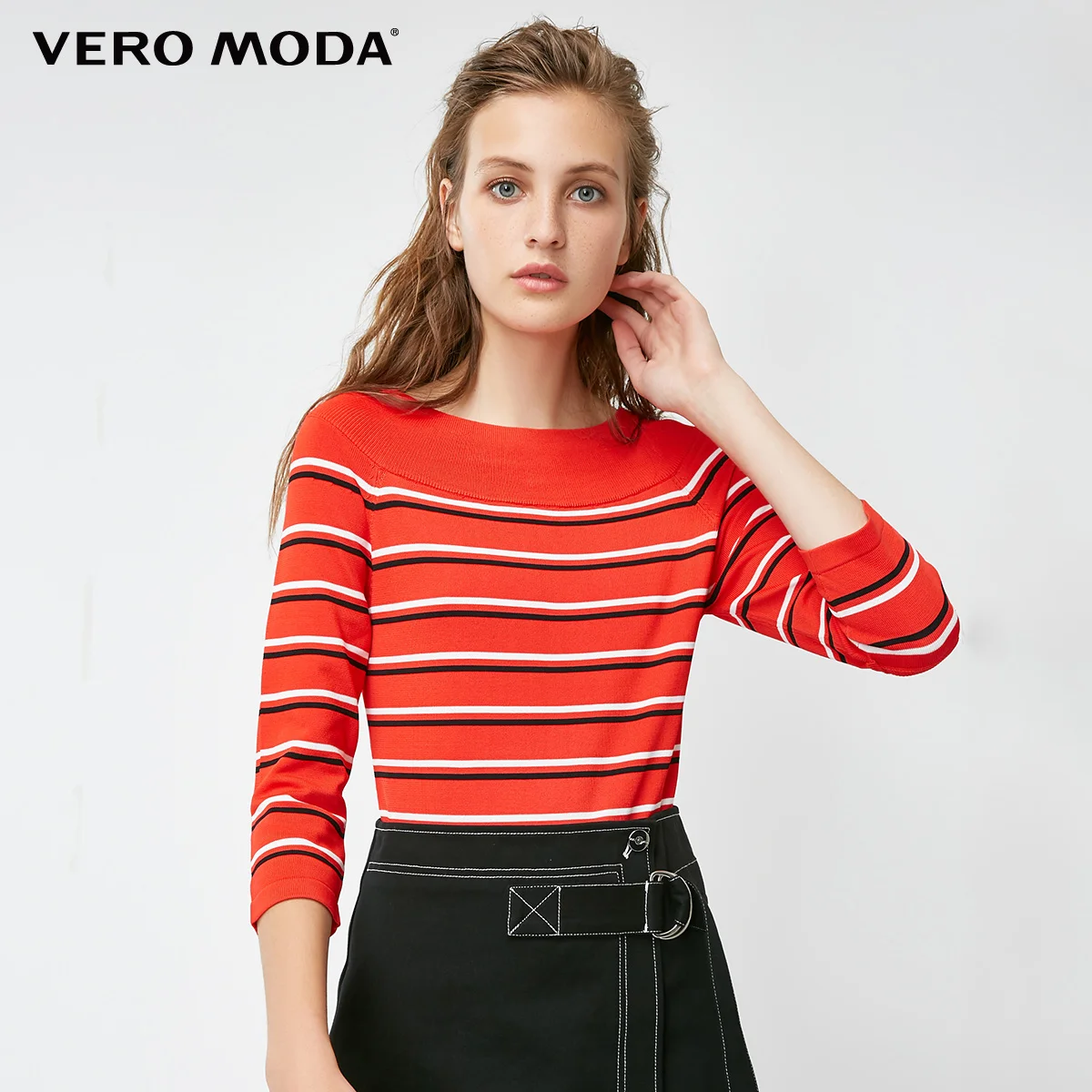 Vero Moda Новая Женская свитер женский Полосатая с вырезом лодочкой 3/4 рукавами облегающая трикотажная | 318424505 - Цвет: Flash red