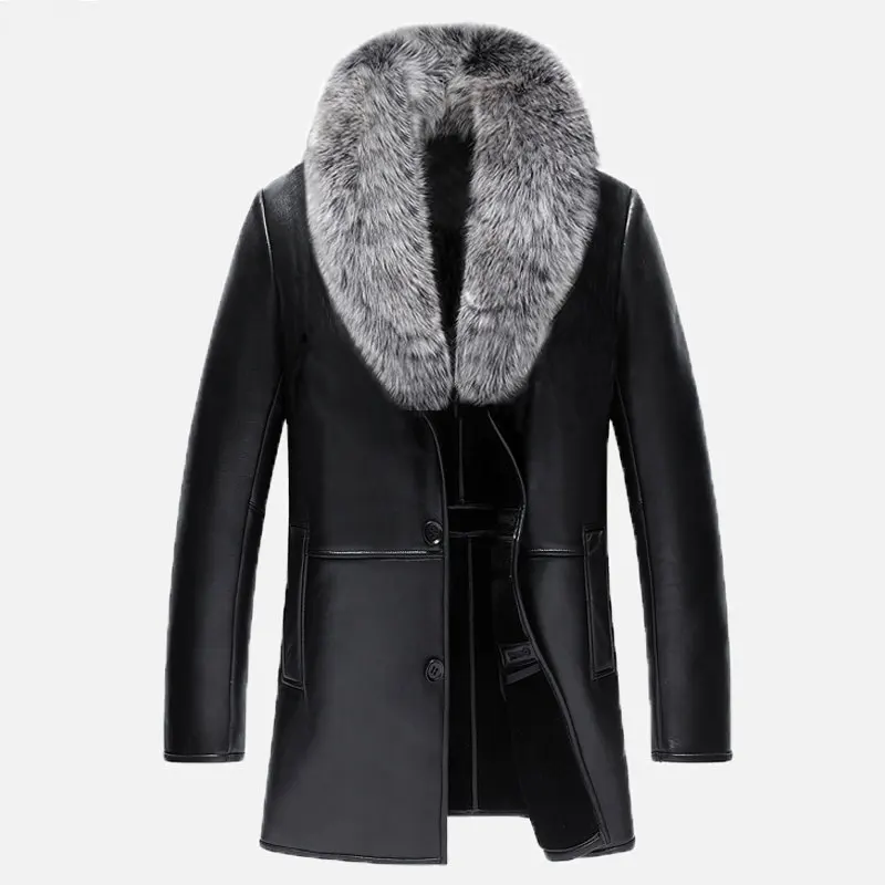 Fur Collar Trench Coat Men Wool Blend Winter Coat Slim Fit