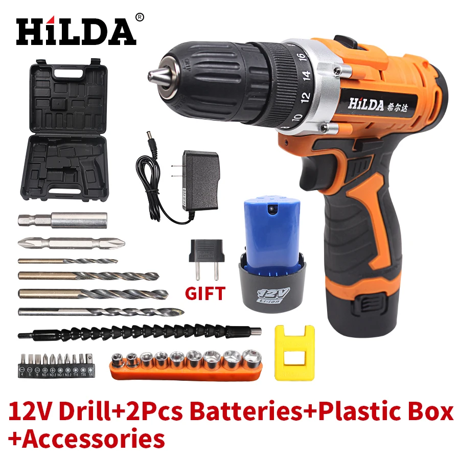 

HILDA 12V Electric Screwdriver Rechargeable Lithium Battery*2 Parafusadeira Furadeira Cordless Screwdriver Two-speed Power Tools