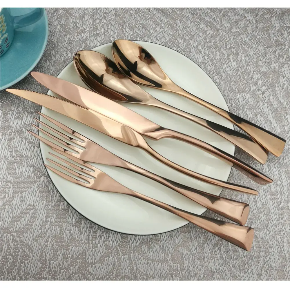 

6/12/24Pcs Luxury Dinnerware Western Rose Gold Plated Cutlery Dining Knives Forks Dessert scoops Set Engraving Tableware Set