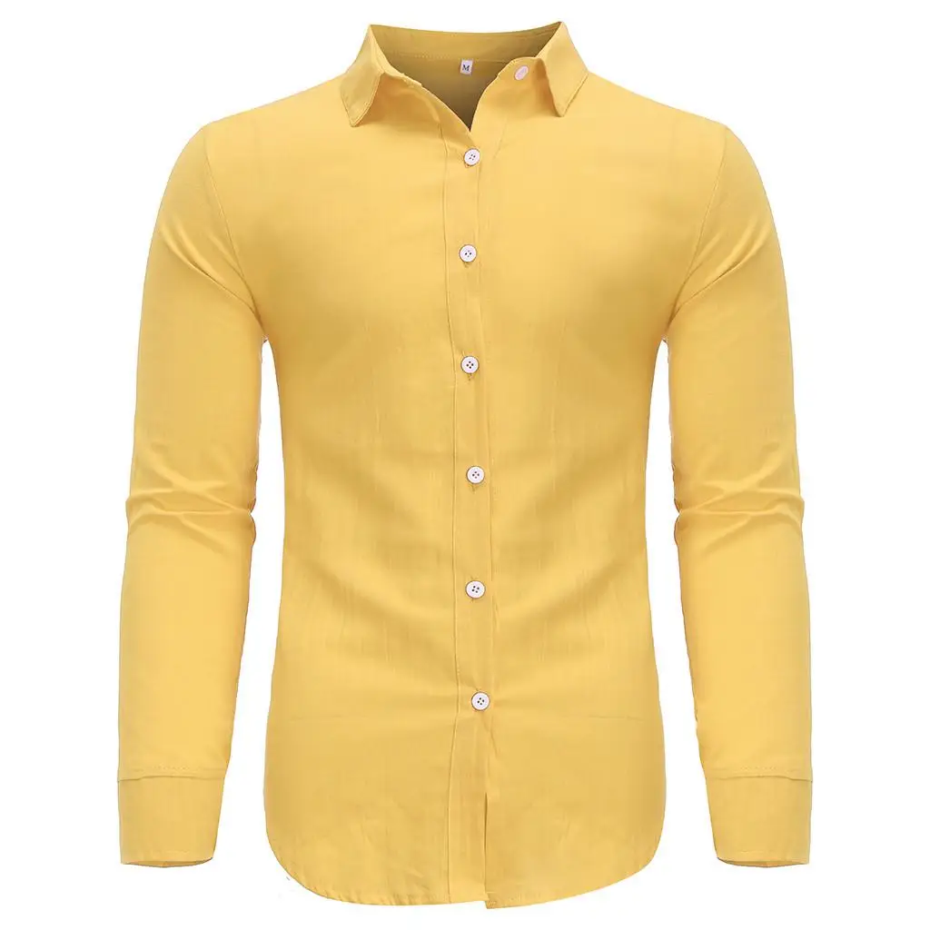 Мужская белая черная желтая хлопковая льняная рубашка модная рубашка с длинными рукавами летняя Весенняя Повседневная рубашка свободного кроя на пуговицах Топы 2 - Цвет: YE
