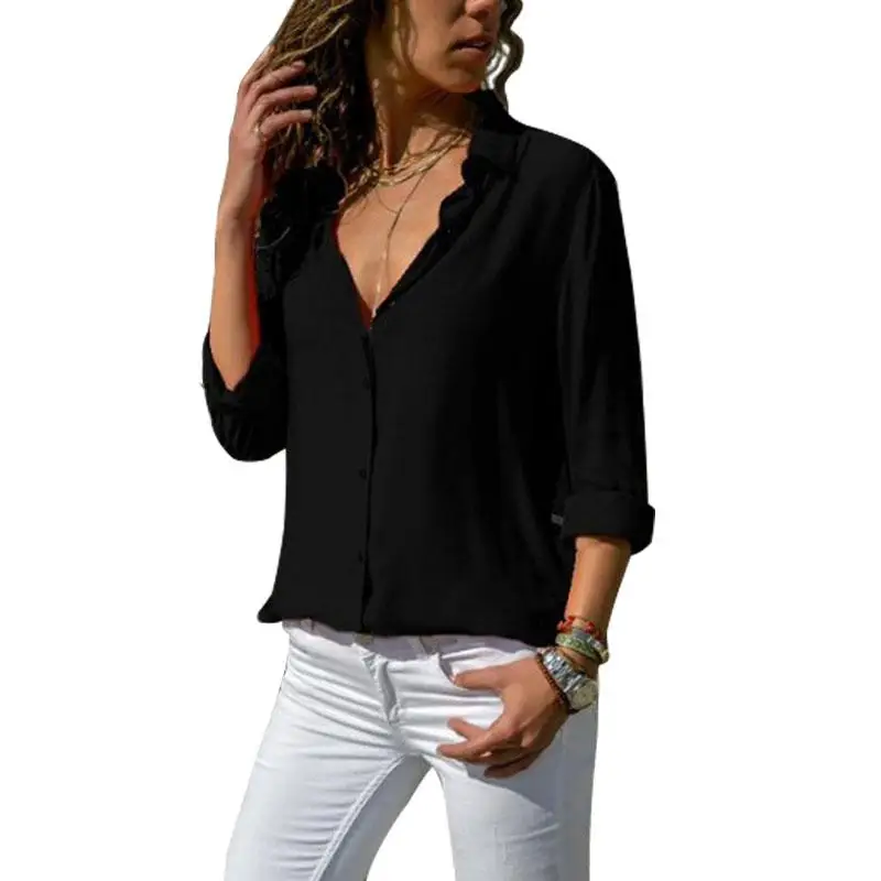 Женские блузки, элегантные, с длинным рукавом, с отложным воротником, для работы, шифоновая блузка, рубашка, повседневные топы размера плюс, Blusas Femininas 8XL - Color: Black