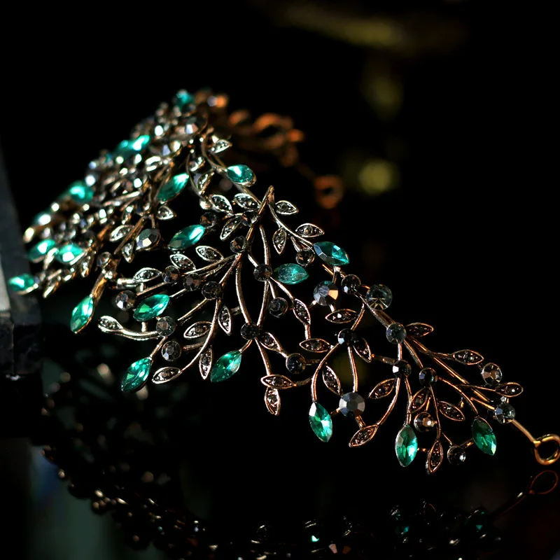  Luxury Baroque Black Green Crystal Leaf Bridal Crown Tiaras Rhinestone Crowns Infantis Brides Headb