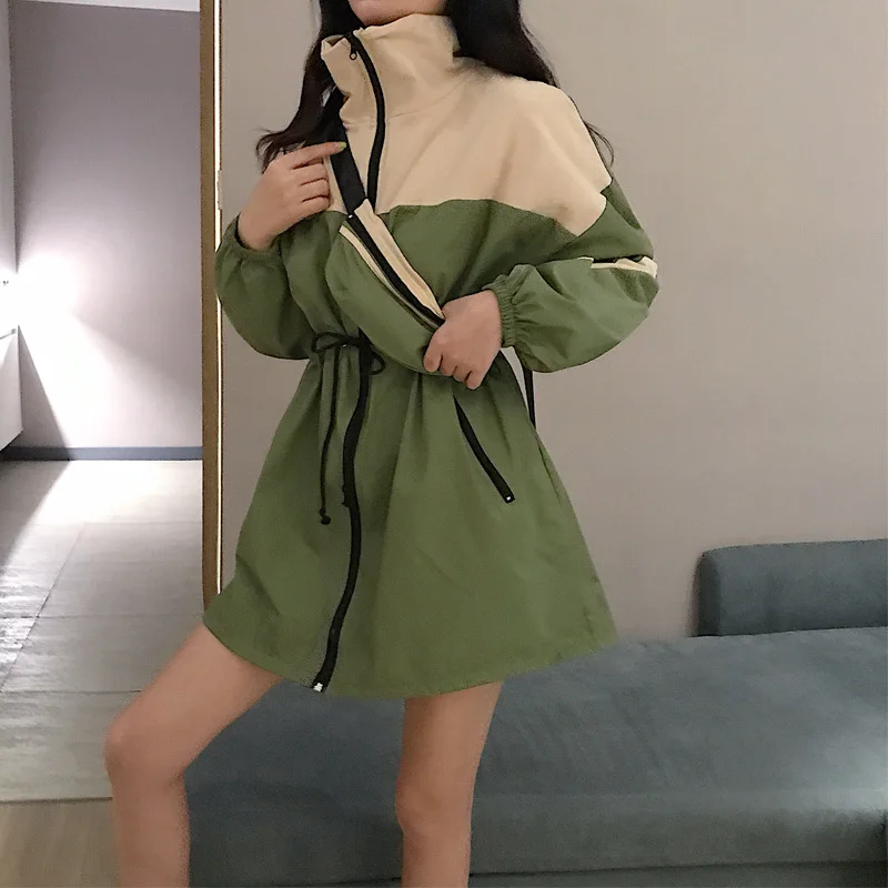 MVGIRLRU свободное цветное стеганое повседневное пальто с высоким воротником средней длины, приталенная ветровка с завязками, Женская куртка - Цвет: Зеленый