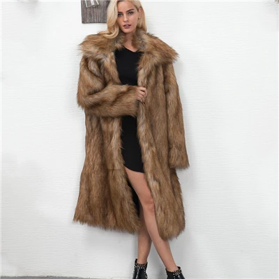 Женское длинное пальто из искусственного меха, повседневные зимние утепленные куртки, женская модная верхняя одежда для дам, горячая новинка, куртки из искусственного меха, пальто - Цвет: Коричневый