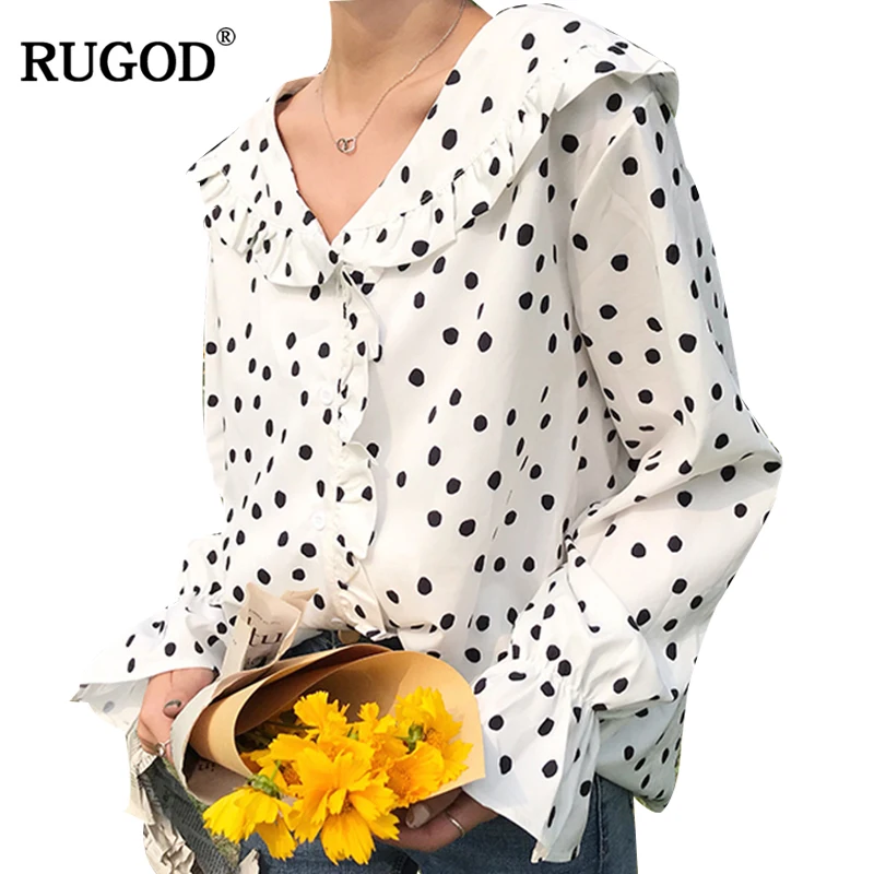 

RUGOD Women Ruffle trim Shirts 2018 Fashion Long Sleeve Shirt Women Sweet Dot Print Peter Pan Blouses Oversize Blusas Femme