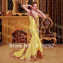 2016 Trumpet Mermaid Floor Length Beads Sequins Applique Court Train Sweetheart One Sholder Yellow Taffeta font