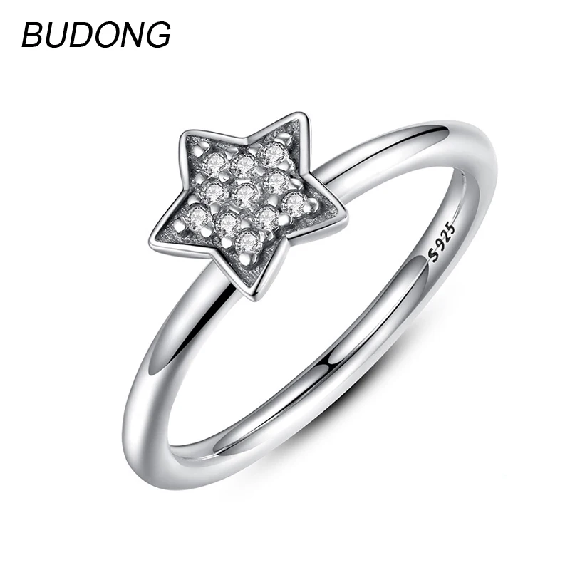 BUDONG 925 Sterling Silver Rings for Women Fine Jewelry Fashion Star