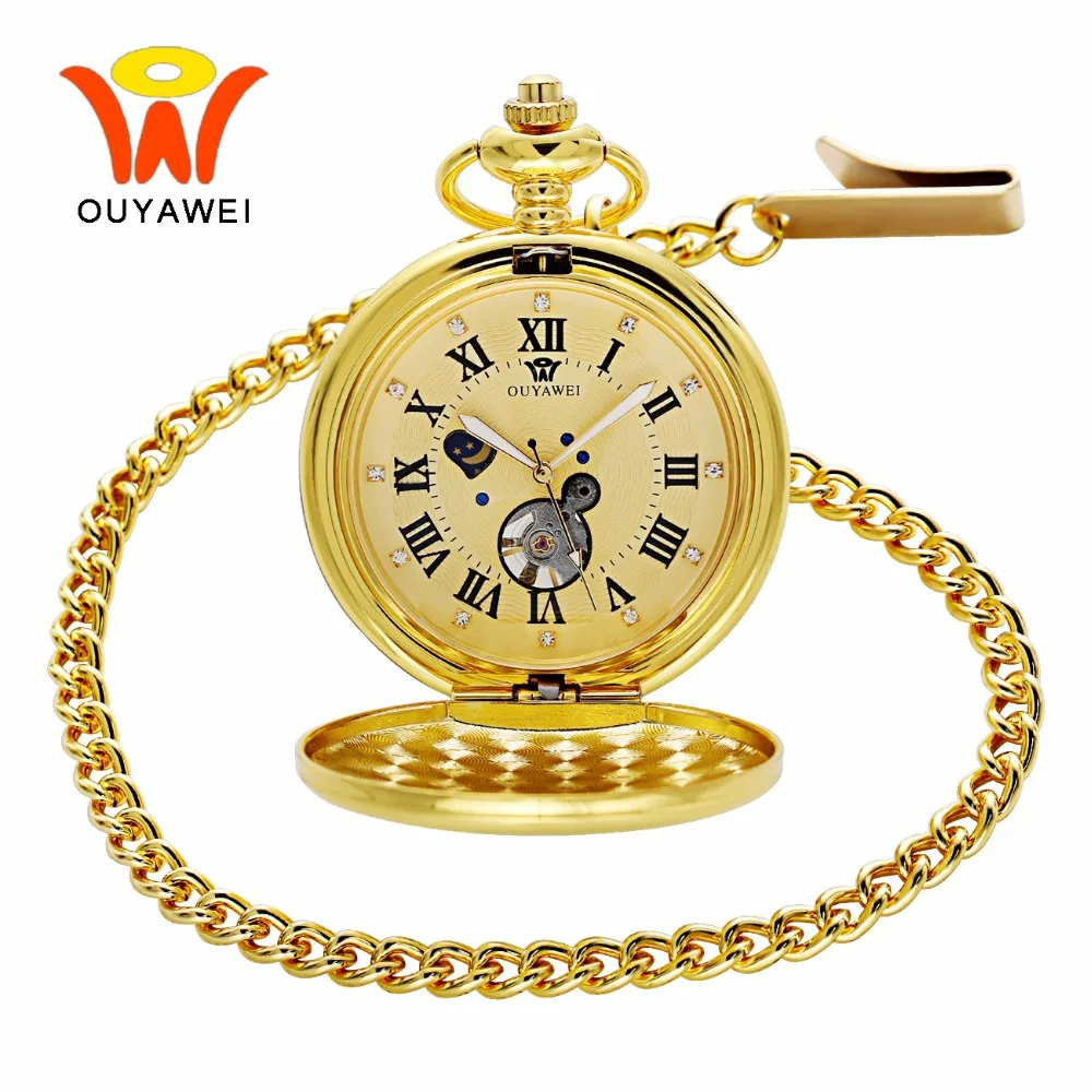 OUYAWEI Luxury Sun Moon Men s Mechanical Pocket Watches Necklace Fob Chain Clock Love Gold Pendant 1