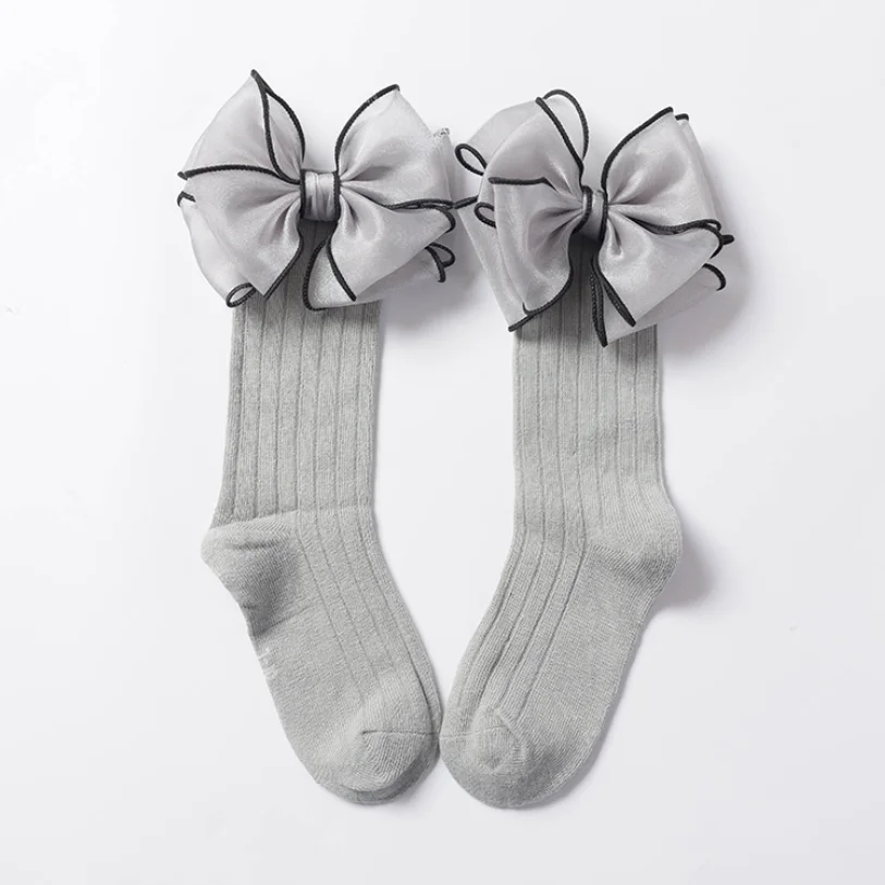 Носки для маленьких девочек красивые хлопковые носки принцессы до колена с бантиками длинные носки в полоску, От 1 до 10 лет