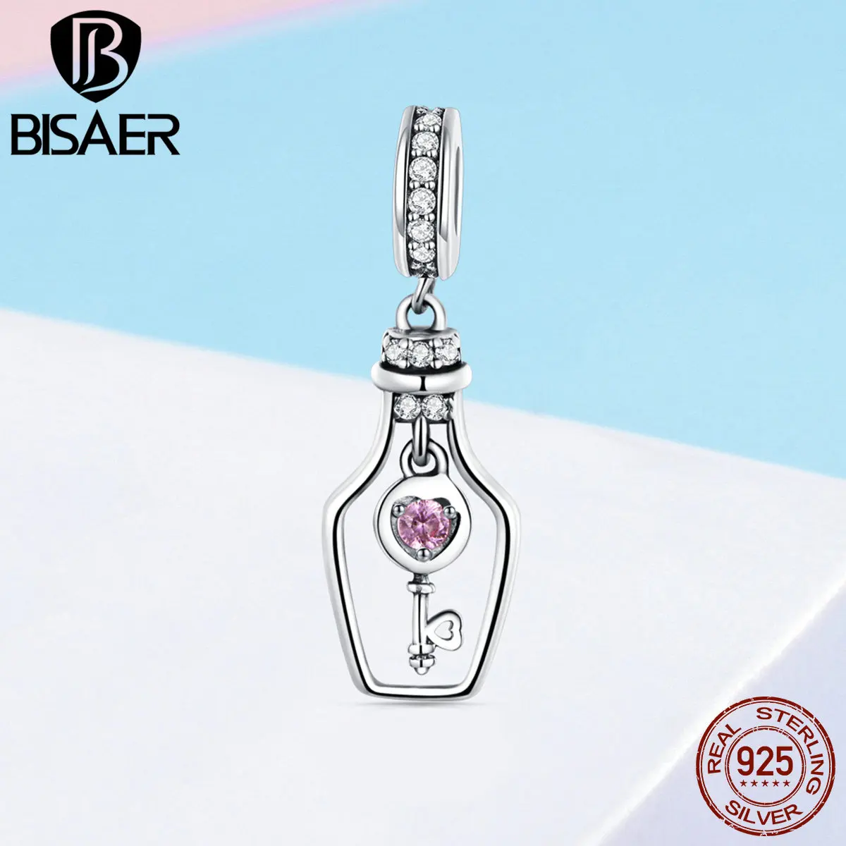 

BISAER Authentic 925 Sterling Silver Love Key Bottle Clear CZ Charms Beads fit Women Bracelets Silver 925 Jewelry Making ECC1071
