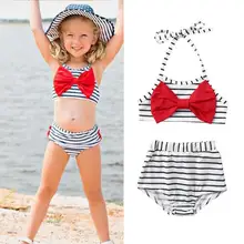2 шт./компл. для маленьких девочек, верх на бретельках, костюм для плавания, с полосатым бантом; купальный костюм для детей; детский комплект одежды; Двойка пляжное купальное бикини комплект для маленьких девочек