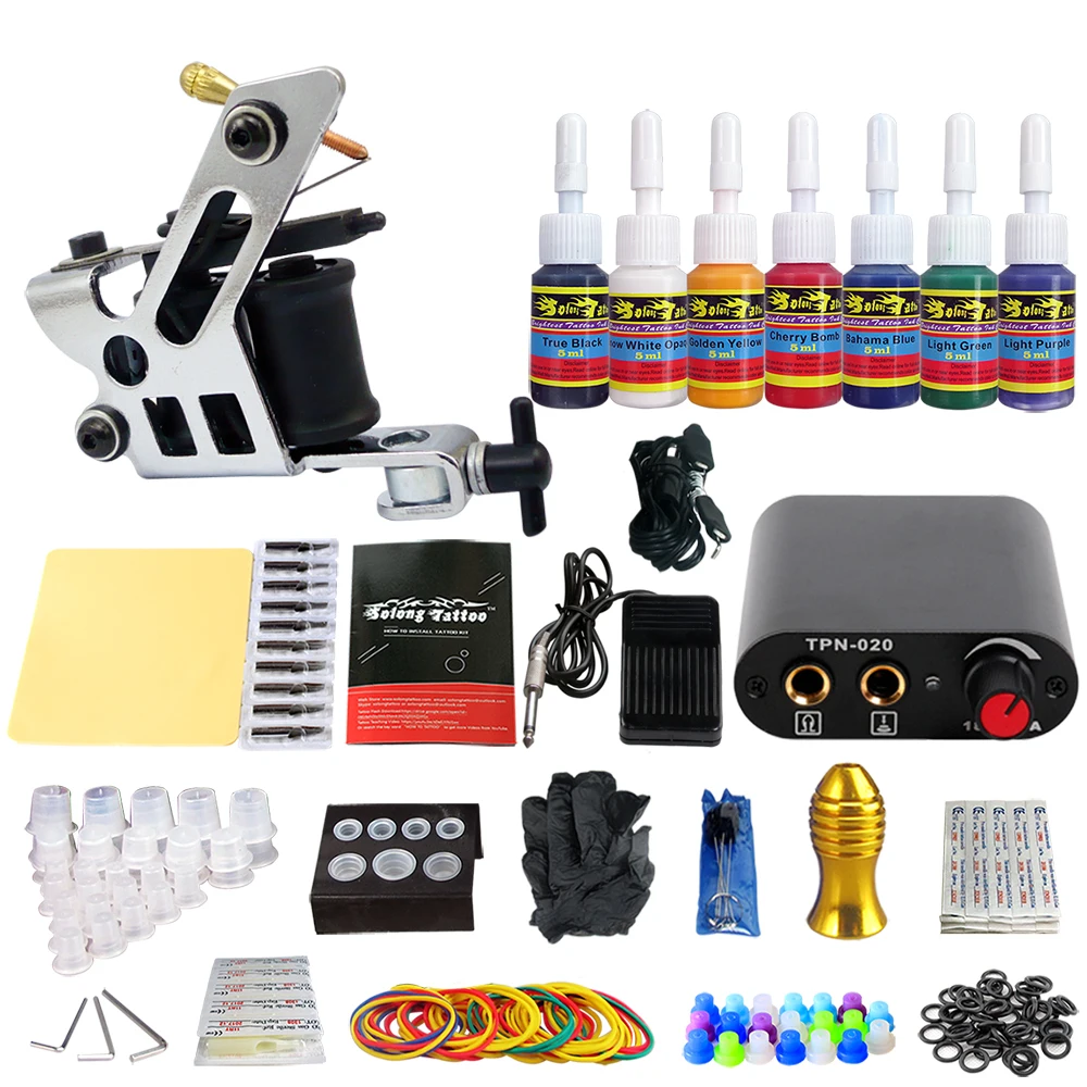

Stigma 1 Professional Gun Tattoo Kit Power Supply Needle Grips tip 7 color ink set TK105-43